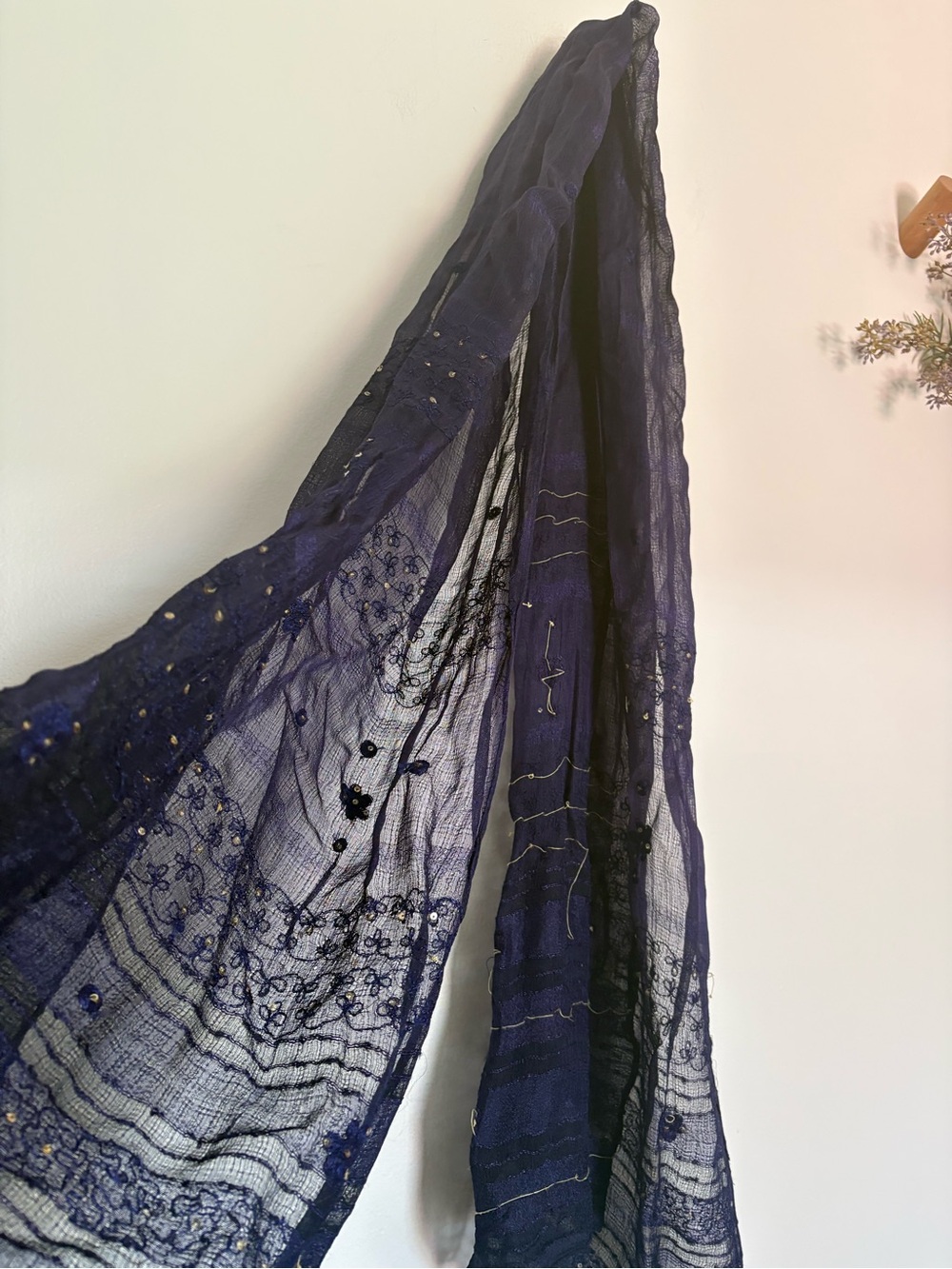 Indigo Gauze Embroidered Scarf Shawl Beaded Sheer Wrap Boho India 21”X 70